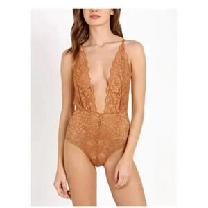 NWT We are HAH x Free People Comin' In HAHt Lace Bodysuit Brown Sugar | Size S
